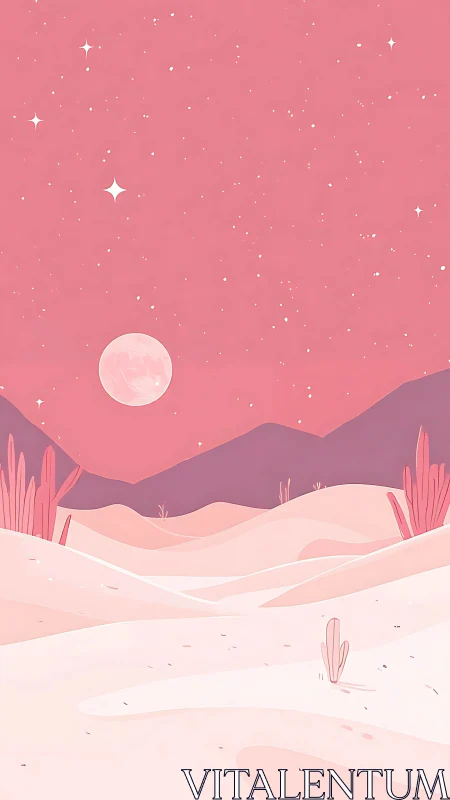 Pink stylized desert landscape shows moonlit dunes and stars