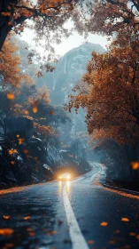 Car on wet mountain road amid dense autumn foliage at dusk.