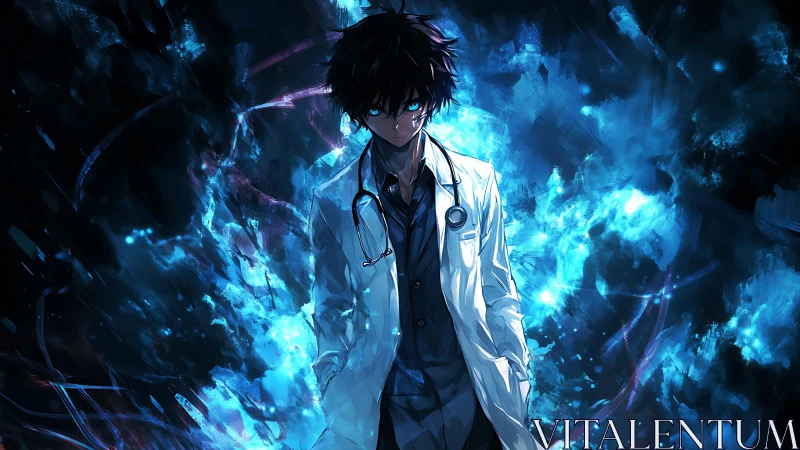 Midnight healer wrapped in swirling electric blue light.