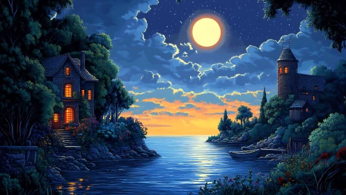 Moonlit Waterside Estate with Dual Tower Architecture Under Nocturnal Sky