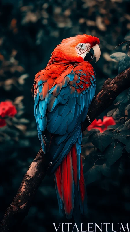 Scarlet and blue parrot on branch in dense, dark foliage.