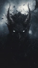 Horned shadow wraith with luminous eyes in storming void.