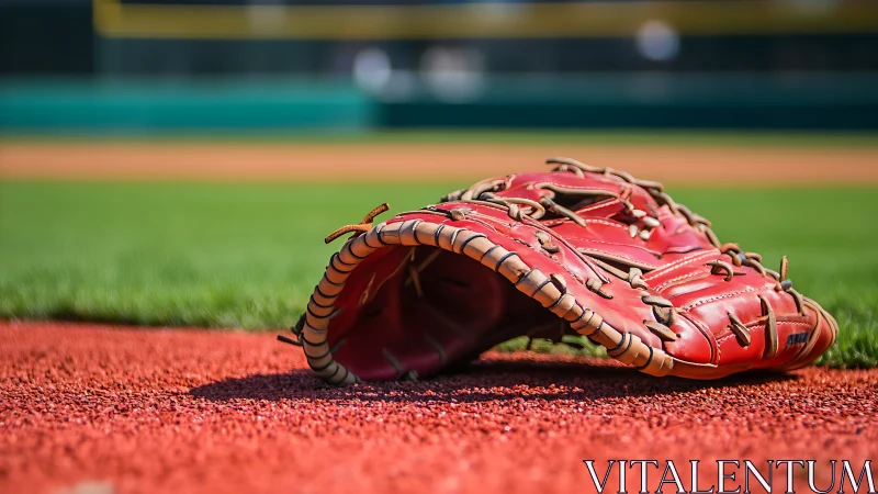 Red leather baseball glove on turf with shallow depth of field.