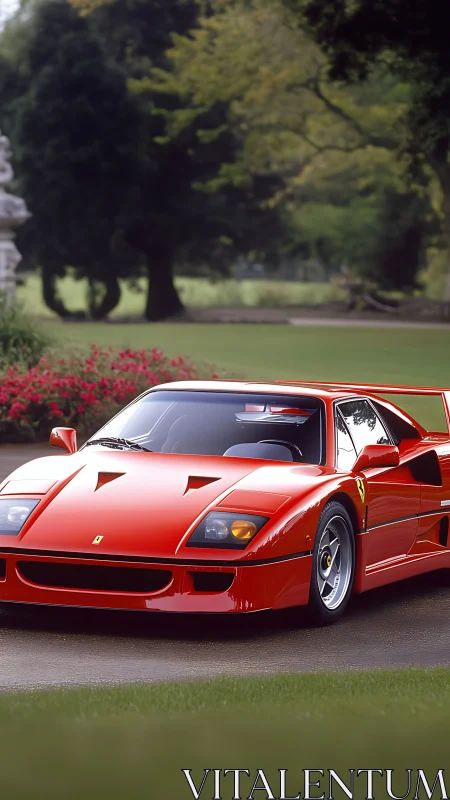 Ferrari F40 supercar parked on manicured garden drive.