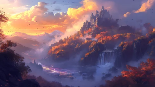 Mountain fortress overlooks autumn forest and misted river