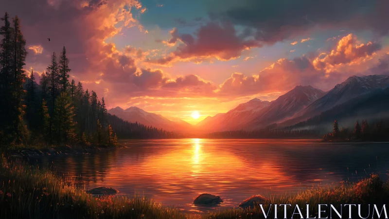 Sunset slips between alpine peaks and paints the lake copper