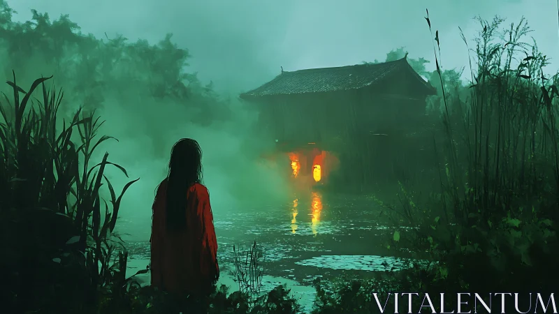 Solitary figure observes misty riverside house at night