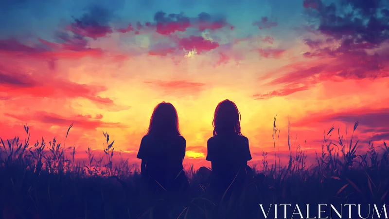 Sunset friendship glow with two silhouettes in tall grass.