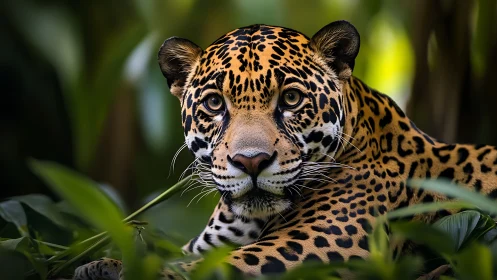 Jaguar in dense rainforest rendered with high-detail photorealism