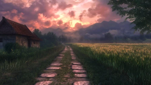 Sunset-graded stone path advances through volumetric rural fields