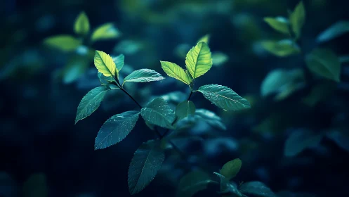 Emerging green leaves glow against deep blue forest bokeh