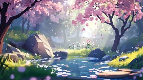 Serene stylized creek under blooming cherry trees at sunrise