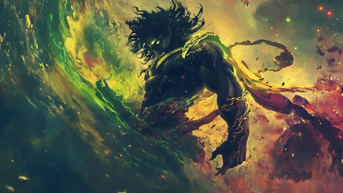 Cosmic warrior rises within swirling elemental storm.