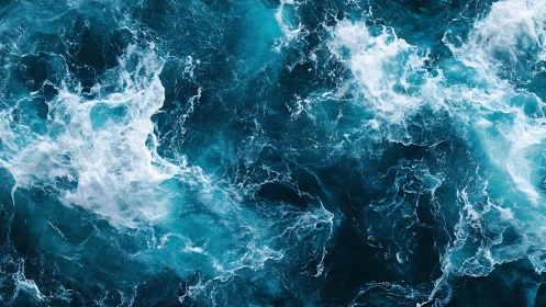 High-angle capture of turbulent teal-blue ocean surface