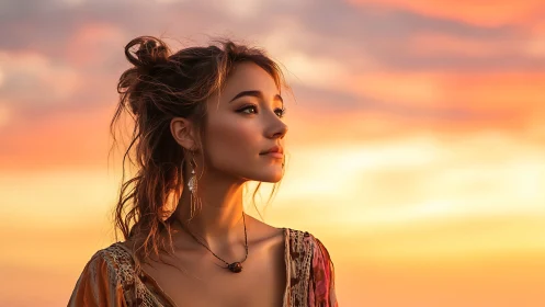 Sunset dreamer gazing softly into glowing evening skies.