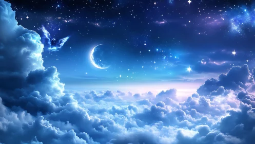 Fantasy night sky over clouds with glowing angel figure.