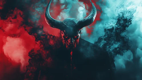 Horned shadow figure in red and cyan split smoke field.