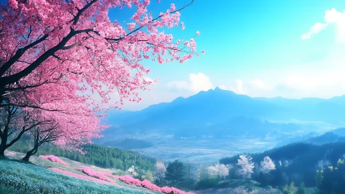 Cherry blossom hillside overlooking distant mountain valley.