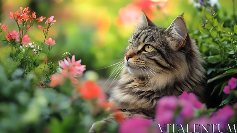 Tabby Cat Admiring Colorful Garden Blooms.