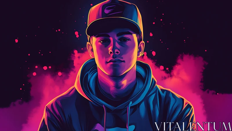 Digital portrait shows hooded figure in cap with neon lighting