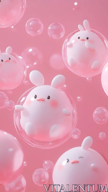 Chubby pastel bunnies float playfully inside glossy bubbles.