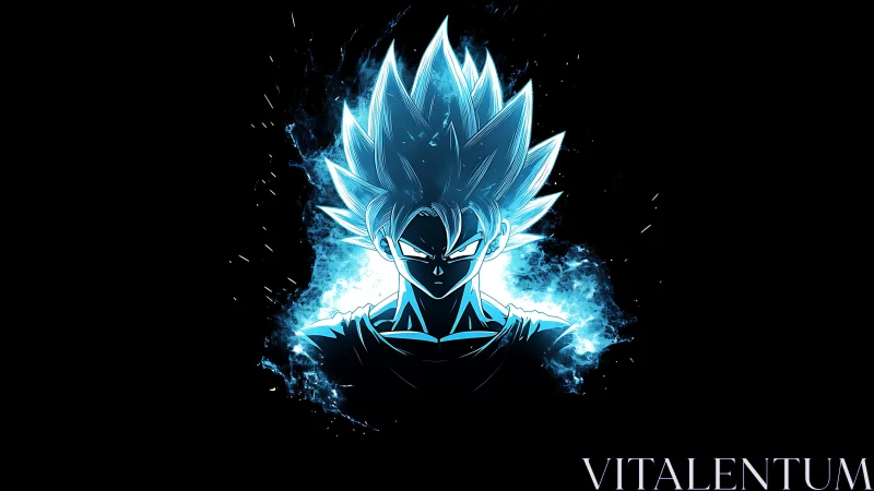 Electric blue anime warrior stands glowing against darkness