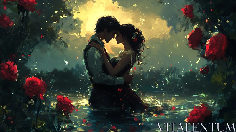 Two souls kiss beneath glowing roses in dreamlike splendor