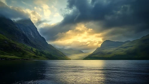 Photorealistic highland lake under dramatic storm-lit sky.