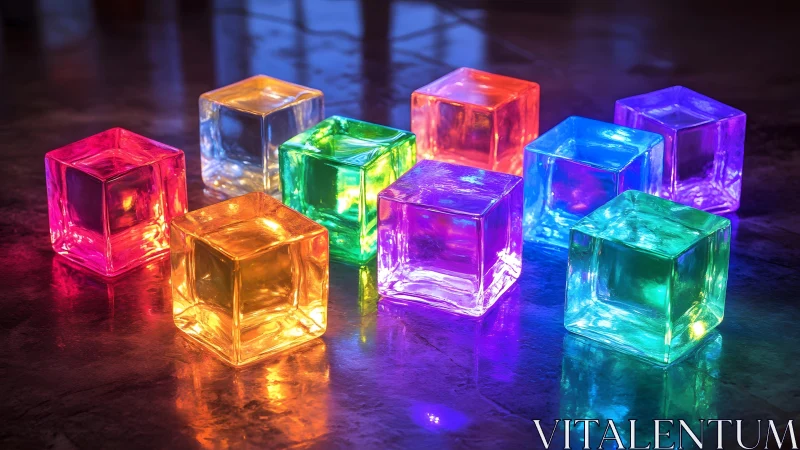 Illuminated translucent glass cubes on reflective dark surface
