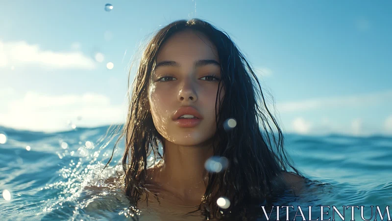 Young woman partially submerged in calm blue ocean water.