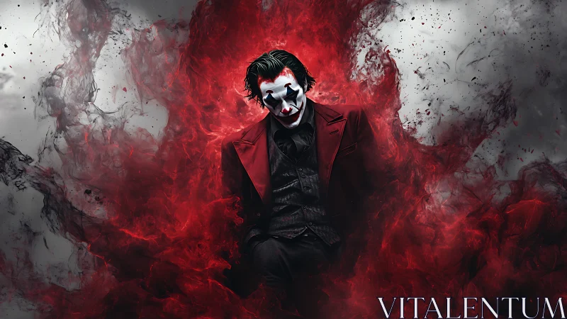 Haunting clown figure emerges from swirling red chaos