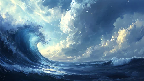 Towering ocean wave under dynamic cloud filled sky.