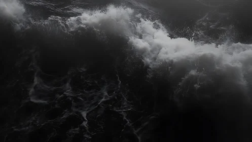 Dark storm waves crash in shadowed ocean seascape.