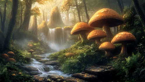 Enchanted forest stream with towering luminescent mushrooms.