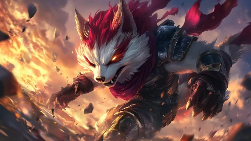 Armored fox warrior charges through explosive battlefield