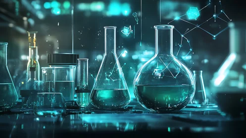 Futuristic lab glassware glows with teal experimental energy