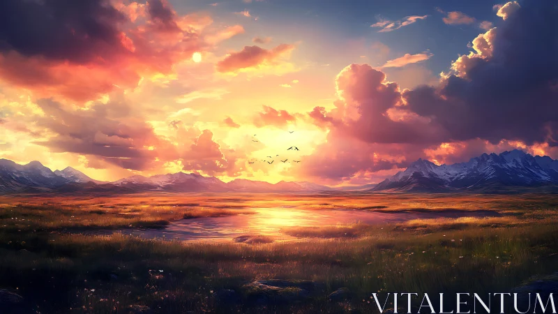 Radiant sunset ignites tranquil mountain marshland horizon.