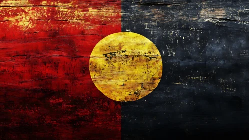 Weathered bicolor field with distressed central solar disc.