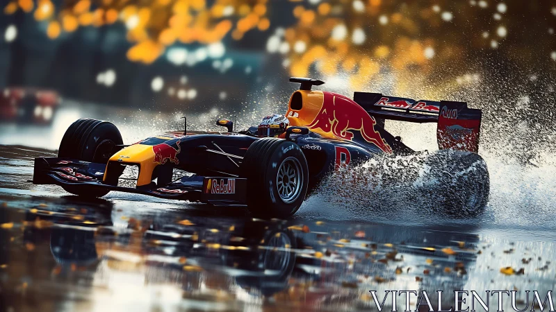 Formula race car cutting through wet track spray in autumn.
