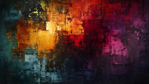 Abstract geometric painting with vibrant warm and cool tones.