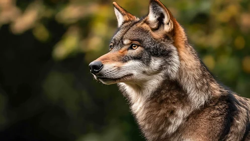 Alert wolf gazes into soft forest light with quiet intensity