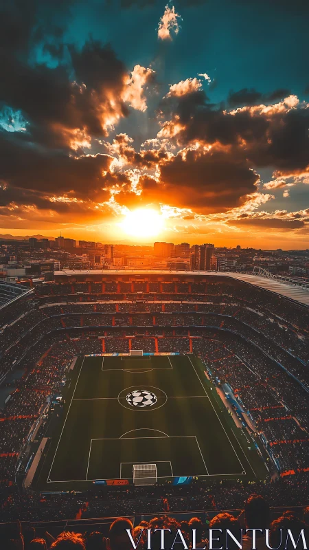 Crowded football stadium under dramatic sunset sky.