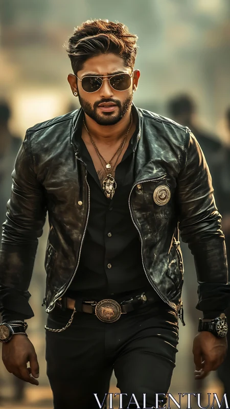 Stylish man in black leather jacket walks with bold attitude.
