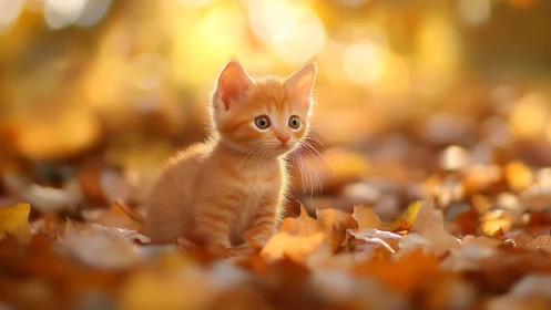 Ginger Kitten Amongst Autumn Foliage: Soft Focus Wildlife Study.
