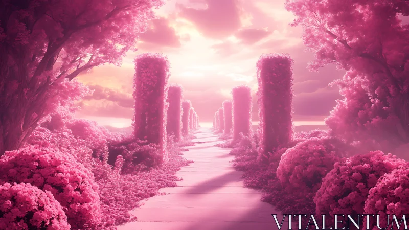 Iridescent pink garden avenue under luminous sky. Period.