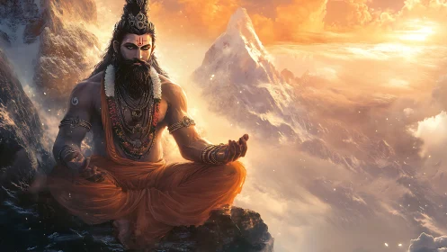 Ascetic yogi levitates above sunlit Himalayan peaks in meditation