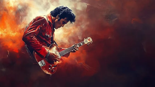 Rock guitarist in red leather ignites blazing abstract stage