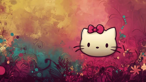 Hello Kitty Character Portrait with Gradient Floral Background