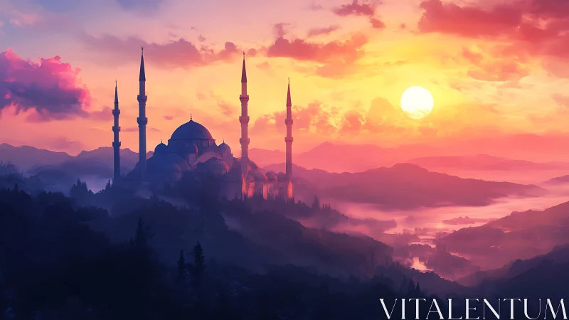 Sunlit mosque silhouettes rise over misty violet valleys.