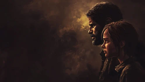 Survivors stand in moody side light against stormy gloom.